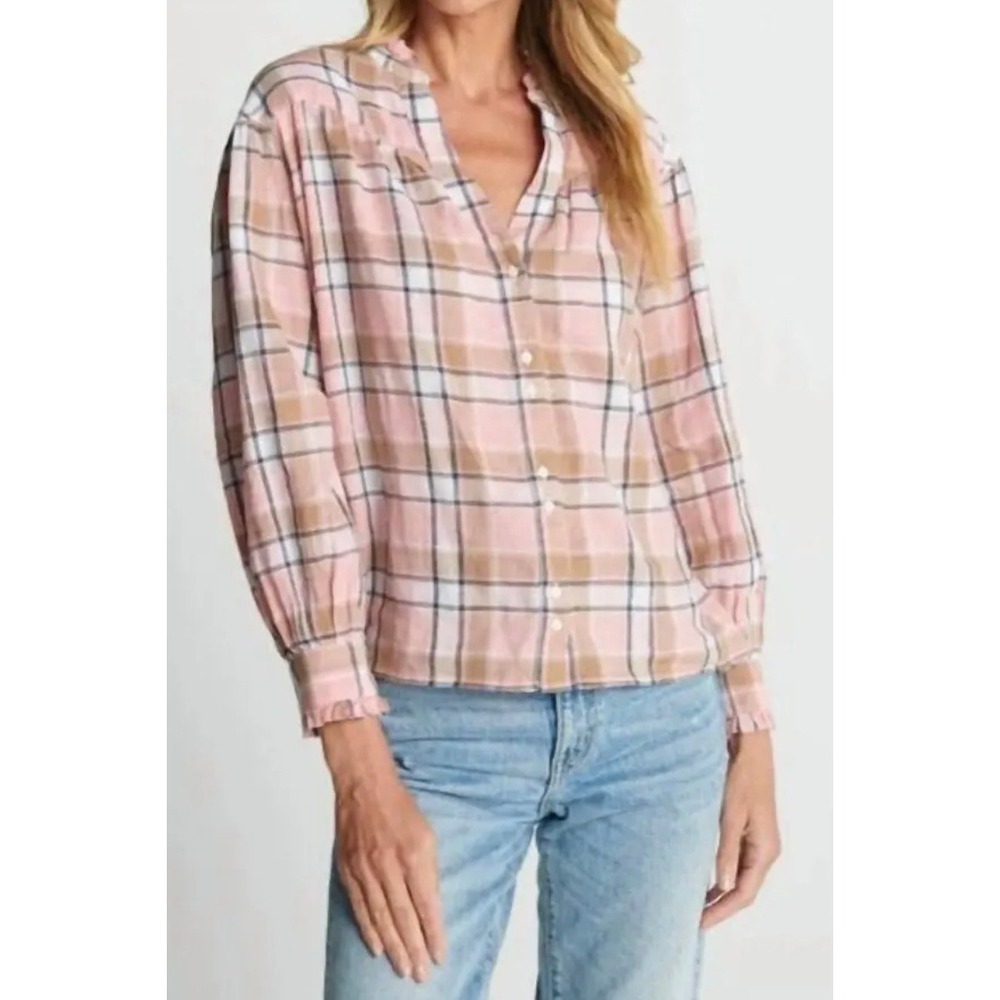 Sundays NYC Pink Plaid Ruffle Collar Button Down Blouse Top XS